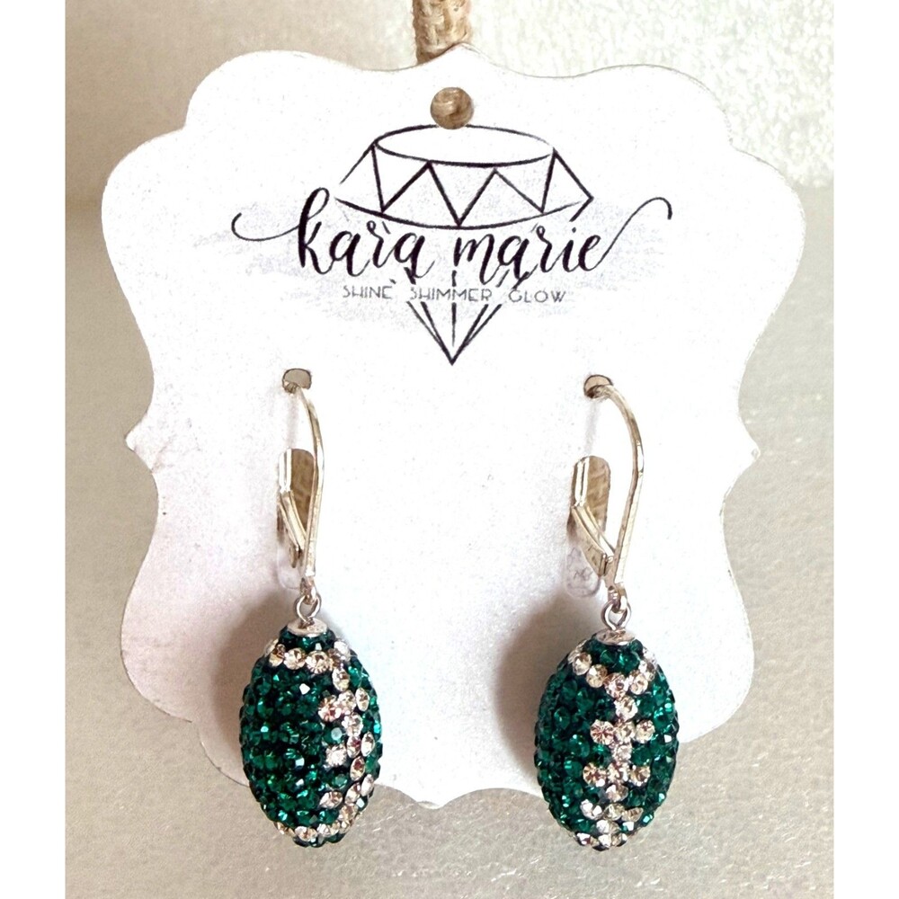 NWT Kara Marie Green Crystal Football Leverback Earrings Game Day Sparkle $44